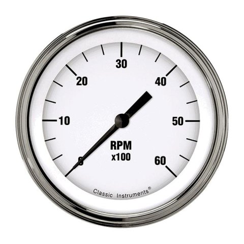 Classic Instruments White Hot Series Tachometers WH60SLF Gauges, Tachometers, 0-8,000 rpm, Analog, Electrical, 3 3/8 in., Face, Black Numbers, Flat Glass Lens, Each