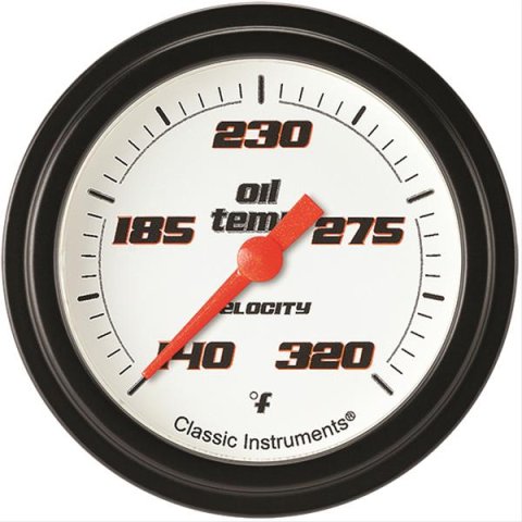 Classic Instruments Velocity Series Gauges VS328WBLF Gauges, Series, Oil Temperature, 140-320 degrees F, Analog, Electrical, 2 5/8 in., White Face, Black Numbers, 1/8 in. NPT Thread, Each