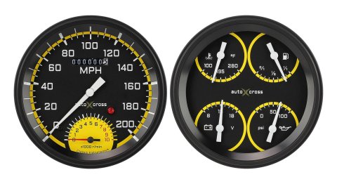 Classic Instruments Auto Cross Yellow Series Gauge Sets AX62YBLF Kits, Yellow, Analog, Speedometer, Tach, Fuel Level, Oil Press., Volts, Water Temp., 4 5/8 in., Black/Yellow Face, White Numbers, Kit