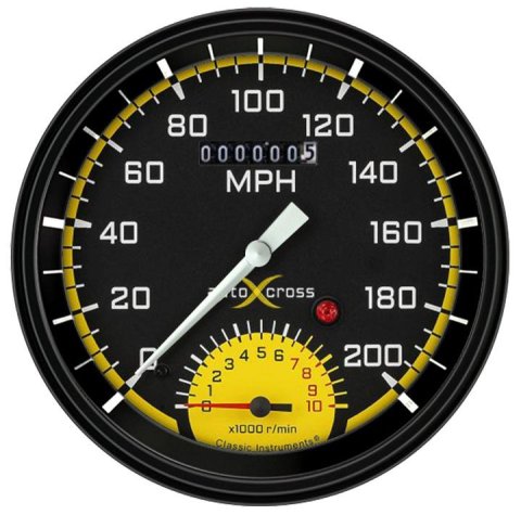 Classic Instruments Auto Cross Yellow Series Gauges AX50YBLF Gauge Kit, Analog, Speedtachular, AutoCross Series, 4 5/8 in. Diameter, 0-200 MPH, 0-10,000 RPM, Black/Yelow Face, White Numbers, Each