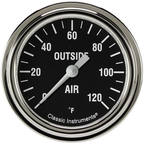 Classic Instruments Hot Rod Series Gauges HR399SLF Gauges, Series, Air Temperature, 0-120 degrees F, Analog, Electrical, 2 5/8 in., Black Face, White Numbers, Stainless Steel Color Bezel, Each