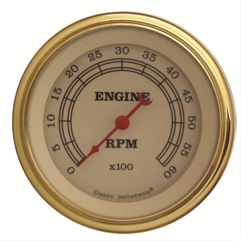 Classic Instruments Vintage Series Tachometers VT60GLF Gauge, Vintage, Analog, Electronic, Tachometer, 3 3/8 in. Diameter, Cream Face, Gold Bezel, Each