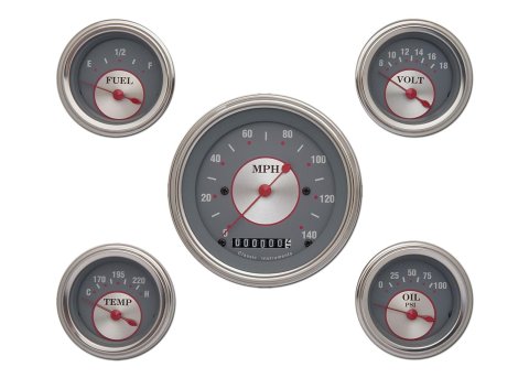 Classic Instruments Silver Series Gauge Sets SS00SLC Gauges, Series, Speedometer, Water Temperature, Fuel Level, Gray Face, Analog, Electronic, Kit