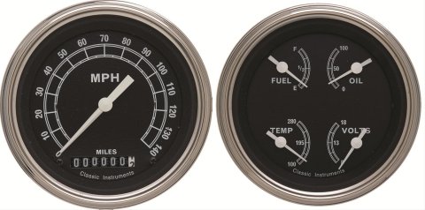 Classic Instruments Traditional Series Gauge Sets TR02SLF Gauges, Series, Speedometer, Water Temperature, Fuel Level, 3 3/8 in., Black Face, Analog, Set