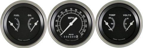 Classic Instruments Traditional Series Gauge Sets TR04SLF Gauges, Traditional, Speedometer, Water Temperature, Fuel Level, 3 3/8 in., Black Face, Analog, Set of 3