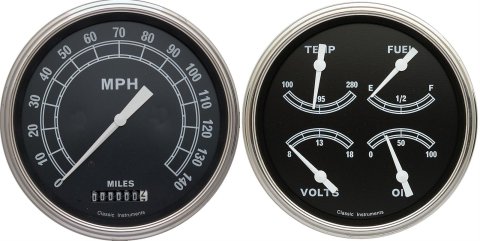 Classic Instruments Traditional Series Gauge Sets TR52SLC Gauges, Traditional, Speedometer, Water Temperature, Fuel Level, Voltmeter, 5 in., Black Face, Analog, Set