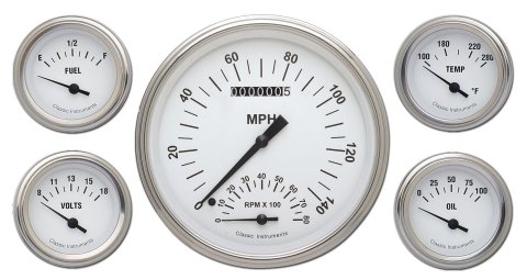 Classic Instruments White Hot Series Gauge Sets WH65SLC Gauges, Series, Speedometer, Oil Pressure, Fuel Level, Voltmeter, Face, Analog, Set of 5