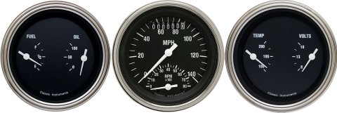Classic Instruments Hot Rod Series Gauge Sets HR34SLF Gauges, Rod, Speedometer, Tach, Water Temperature, Fuel Level, 3 3/8 in., Black Face, Analog, Set of 3