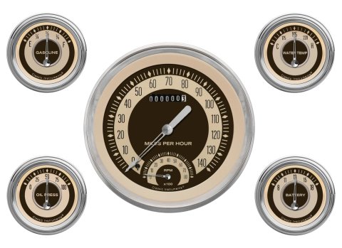 Classic Instruments Nostalgia VT Series Gauge Sets NT65SLC Gauges, VT, Speedometer, Tach, Water Temperature, Voltmeter, Beige Face, Analog, Set of 5