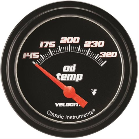 Classic Instruments Velocity Series Gauges VS228BBLF Gauge, Black Series, Oil Temperature, 145-320 Degrees F, 2 5/8 in., Low Step Bezel, Analog, Electrical, Each
