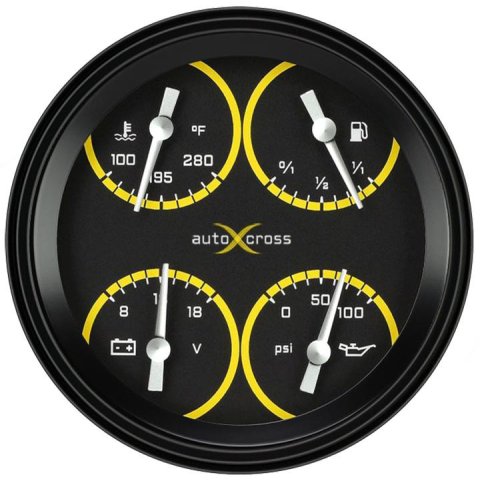 Classic Instruments Auto Cross Yellow Series Gauge Sets AX78YBLF Kits, Yellow, Quad, Analog, Fuel Level, Oil Pressure, Voltmeter, Water Temperature, 4 5/8 in., Black/Yellow Face, White Numbers, Each