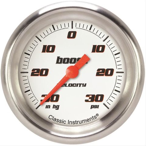 Classic Instruments Velocity Series Gauges VS341WAPF Gauge, White Series, Boost/Vacuum, 30 in. Hg/30 psi, 2 5/8 in., Performance Bezel, Analog, Electrical, Each