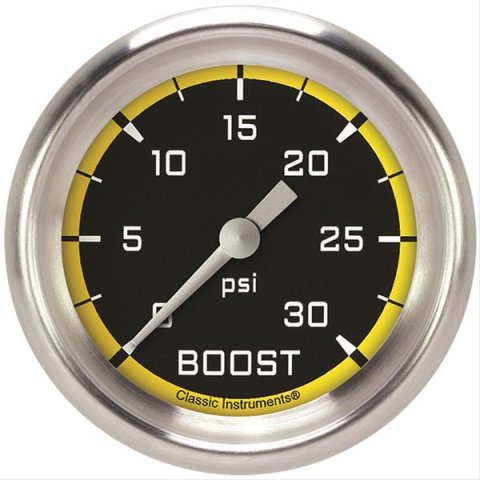 Classic Instruments Auto Cross Yellow Series Gauges AX342YAPF Gauge, Series, Boost, 30 psi, 2 5/8 in., Performance Bezel, Analog, Electrical, Each