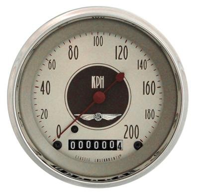 Classic Instruments All-American Nickel Series Speedometers AN59SHC Speedometer, Nickel, 3 3/8 in. Diameter, 0-200 kph, Analog, Electrical, Curved Face, Each