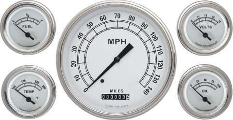 Classic Instruments White Series Gauge Sets CW54SLC Gauges, White, Speedometer, Water Temperature, Oil Pressure, Fuel Level, Face, Analog, Set of 5