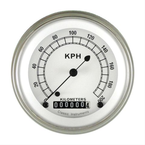 Classic Instruments White Series Speedometers CW59SLC Speedometer, White, 3 3/8 in. Diameter, 0-200 kph, Analog, Electrical, Curved Face, Each