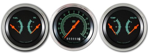 Classic Instruments G-Stock Series Gauge Sets GS04SLC Gauges, G-Stock, Black Face, Green Numbers, Polished Bezel, Analog, Electronic, Set of 3