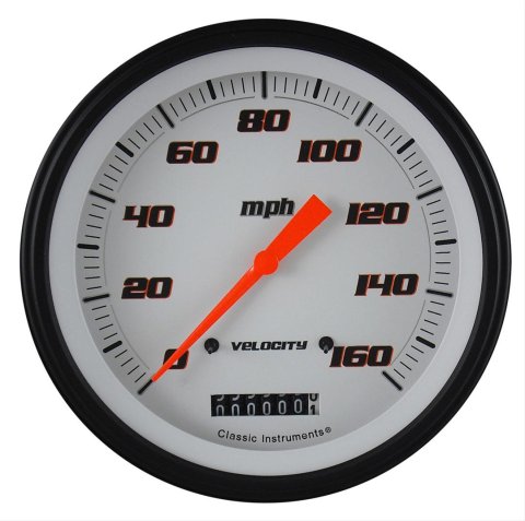 Classic Instruments Velocity Series Speedometers VS56WBLF Speedometers, Series, 0-160 mph, 4 5/8 in., White Face, Black with Orange Outline Numbers, Low Step Bezel, Flat Glass, Analog, Electric, Each