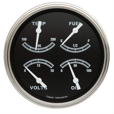 Classic Instruments Traditional Series Gauge Sets TR31SLF Gauge, Traditional, Quad, Water Temperature, Oil Pressure, Fuel Level, 5 in., Black Face, Analog, Each