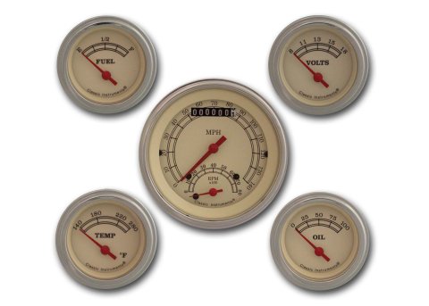 Classic Instruments Vintage Series Gauge Sets VT35SLF Gauges, Vintage, Speedometer, Tach, Water Temperature, Oil Pressure, Fuel Level, Cream Face, Analog, Set of 5