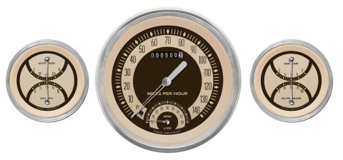 Classic Instruments Nostalgia VT Series Gauge Sets NT61SLC Gauges, VT, Speedometer, Tach, Water Temperature, Voltmeter, Beige Face, Analog, Set of 3