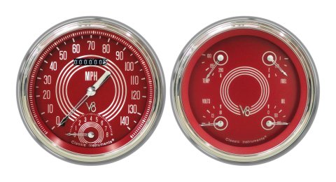 Classic Instruments 1947-53 Chevy Pickup Package Gauge Sets for 1947-1953 SEDAN DELIVERY, TRUCK, 1950-1953 TRUCK - CT47V8RS62 Gauges, V8 Red Steelie, Electronic, Water Temperature, Volt, Oil Pressure, Fuel Level, Speedometer,
