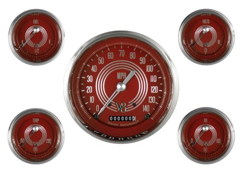 Classic Instruments V8 Red Steelie Series Gauge Sets V8RS54SLC Gauges, Series, Speedometer, Water Temperature, Fuel Level, Face, Analog, Set of 5