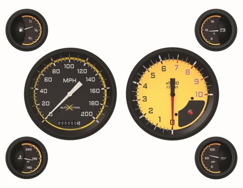 Classic Instruments Auto Cross Yellow Series Gauge Sets AX51YBLF Gauges, Cross, Speedometer, Tach, Water Temp., Fuel Level, Black/Yellow Face, Analog, Electronic, Set of 6