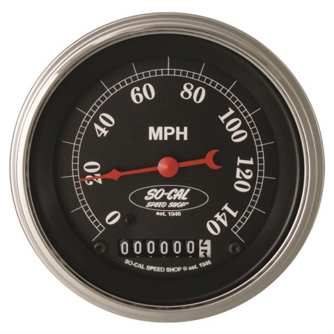 Classic Instruments So-Cal Series Speedometers SC55SLC Gauges, Speedometers, 0-140 mph, 3 3/8 in., Black Face, White Numbers, Low Step Bezel and Curved Glass, Analog, Electrical, Each