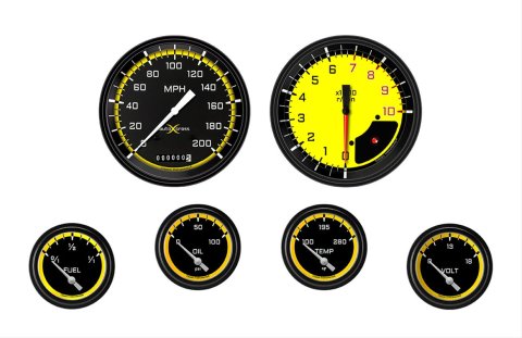 Classic Instruments Auto Cross Yellow Series Gauge Sets AX251YBLF Set, Performance AutoCross, AutoCross Yellow, 6-Gauge Set, 4 5/8 in. Speedo, 2 5/8 in. Secondary Gauges, Black/Yellow Face, Set