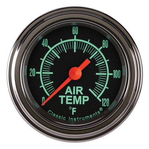 Classic Instruments G-Stock Series Gauges GS199SLF Gauges, Series, Air Temperature, 0-120 degrees F, Analog, Electrical, 2 1/8 in., Black Face, Green Numbers, Stainless Steel Color Bezel, Each