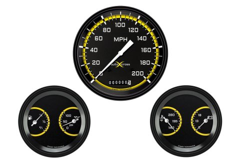 Classic Instruments Auto Cross Yellow Series Gauge Sets AX64YBLF Gauges, AutoCross Yellow, Speedometer, Water Temp, Oil Pressure, Voltmeter, Fuel, Black Low-Step Bezel, Flat Lens, Kit