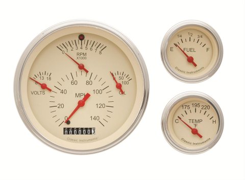 Classic Instruments 1957 Chevy Package Gauge Sets for BEL AIR, ONE-FIFTY SERIES, TWO-TEN SERIES - CH01TSLF Gauges, All-American, Direct-Fit, Tan Face, Black Numbers, Analog, Chevy, Kit