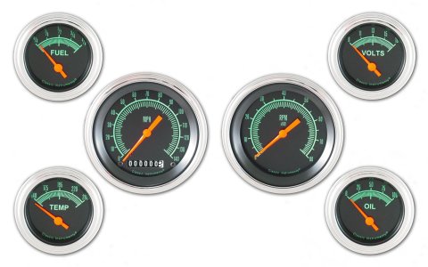 Classic Instruments G-Stock Series Gauge Sets GS01SLC Gauges, G-Stock, Black Face, Green Numbers, Polished Bezel, Analog, Electronic, Set of 6