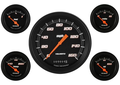 Classic Instruments Velocity Series Gauge Sets VS54BBLF Gauge, Velocity, Analog, Electrical, Speedometer, Fuel, Oil, Volt, Water, 5 in./2.125 in. Diameter, Black Face