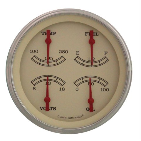 Classic Instruments Vintage Series Gauge Sets VT78SLC Gauge, Series, Quad, Water Temperature, Oil Pressure, Fuel Level, 5 in., Cream Face, Analog, Each