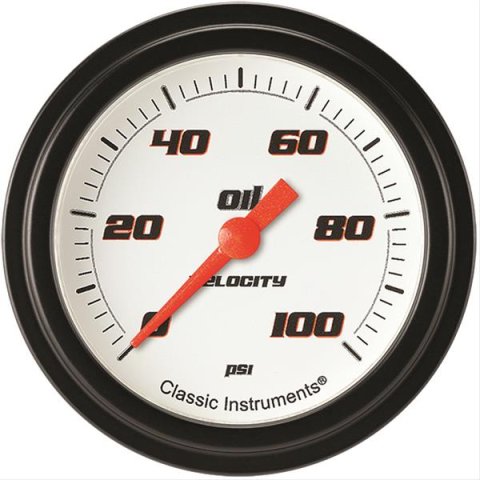 Classic Instruments Velocity Series Gauges VS381WBLF Gauges, Series, Oil Pressure, 0-100 psi, Analog, Electrical, 2 5/8 in., White Face, Black Numbers, Black Bezel, 1/8 in. NPT Thread, Each
