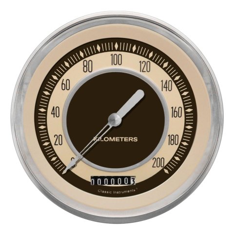 Classic Instruments Nostalgia VT Series Speedometers NT58SLC Gauges, Speedometers, 0-200 kph, 4 5/8 in., Beige Face, Brown Numbers, Low Step Bezel and Curved Glass, Analog, Electrical, Each