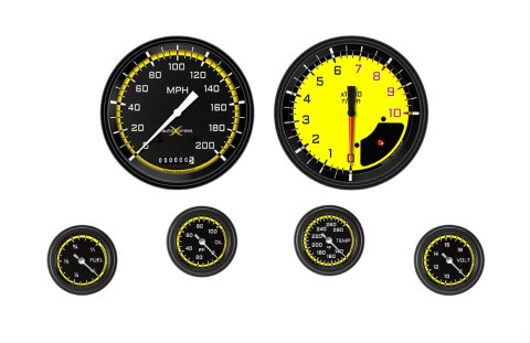 Classic Instruments Auto Cross Yellow Series Gauge Sets AX151YBLF Set, Performance AutoCross, AutoCross Yellow, 6-Gauge Set, 4 5/8 in. Speedo, 2 1/8 in. Secondary Gauges, Black/Yellow Face, Set