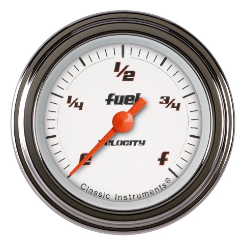 Classic Instruments Velocity Series Gauges VS109WSLF Gauges, Series, Fuel Level, Empty-Full, Programmable, Analog, Electrical, 2 1/8 in., White Face, Black Numbers, Each