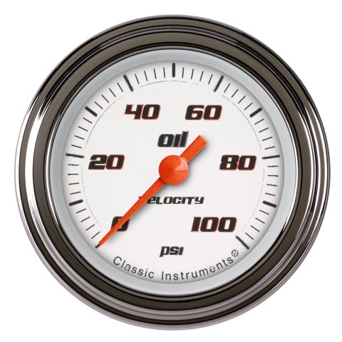 Classic Instruments Velocity Series Gauges VS181WSLF Gauges, Series, Oil Pressure, 0-100 psi, Analog, Electrical, 2 1/8 in., White Face, Black Numbers, Stainless Steel Color Bezel, Each