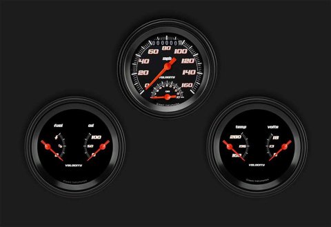 Classic Instruments Velocity Black Series Gauge Sets VS34BBLF Kit, Black, 3 3/8 in., Speedometer, Tachometer, Fuel Level, Oil Pressure, Water Temp, Voltmeter, Low-Step Bezel, Flat Lens, Kit