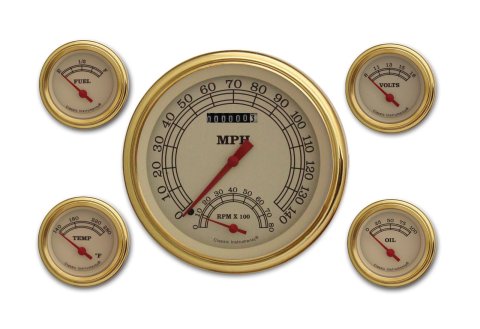 Classic Instruments Vintage Series Gauge Sets VT65GLF Gauge, Vintage, Analog, Electronic, Speedo, Tach, Fuel, Oil, Volt, Water, 5-2 1/8 in Diameter, Cream Face/Gold
