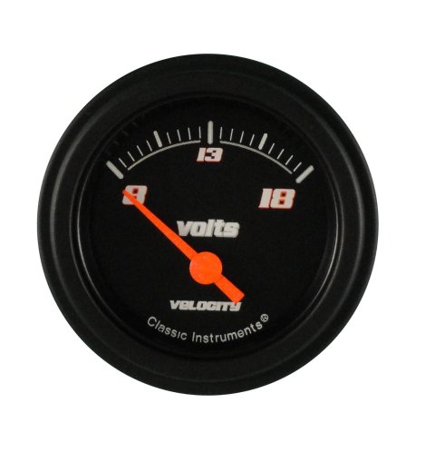 Classic Instruments Velocity Series Gauges VS30BBLF Gauge, Series, Analog, Voltmeter, 8-18 V, 2 1/8 in. Diameter, Black Face, Electrical, Each