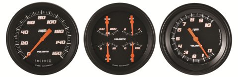 Classic Instruments Velocity Series Gauge Sets VS53BBLF Gauges, Velocity, Speedometer, Tach, Water Temperature, Fuel Level, 5 in., Black Face, Analog, Set of 3
