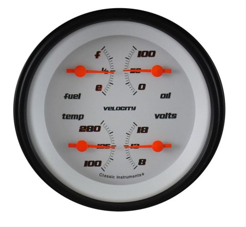 Classic Instruments Velocity Series Gauge Sets VS76WBLF Gauge, Velocity, Analog, Electrical, Fuel, Oil, Volt, Water, 3 3/8 in. Diameter, White Face, Each