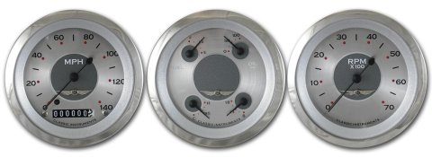 Classic Instruments All-American Series Gauge Sets AW03SRC Gauges, Original, Speedometer, Tach, Water Temperature, Fuel Level, Silver Face, Analog, Set of 3