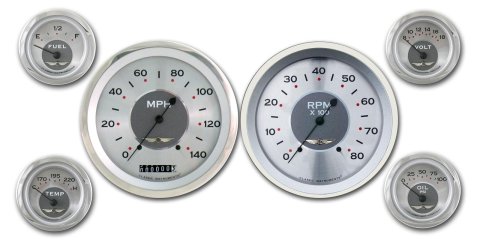 Classic Instruments All-American Series Gauge Sets AW51SRC Gauges, Original, Speedometer, Tach, Water Temperature, Fuel Level, Silver Face, Analog, Set of 6