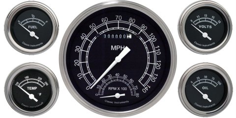 Classic Instruments Traditional Series Gauge Sets TR65SLF Gauges, Traditional, Speedometer, Tach, Water Temperature, Fuel Level, Voltmeter, Black Face, Analog, Set of 5