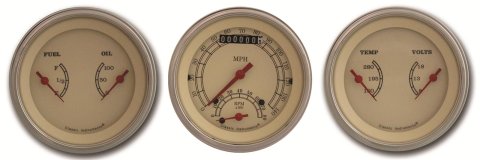 Classic Instruments Vintage Series Gauge Sets VT34SLC Gauge, Vintage, Analog, Electronic, Speedo, Tach, Oil, Water, Volt, Fuel, 3 3/8 in, Cream Face, Polished Bezel